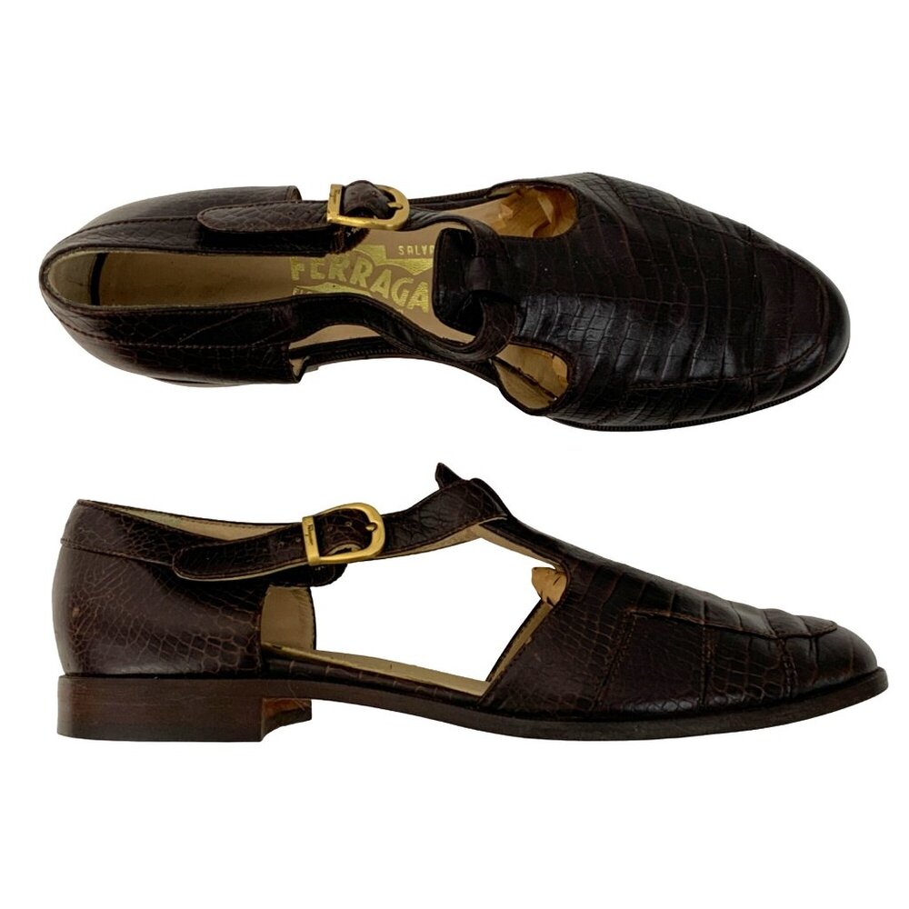 Salvatore Ferragamo Dark Brown Croc-Embossed Leather T-Strap Flats